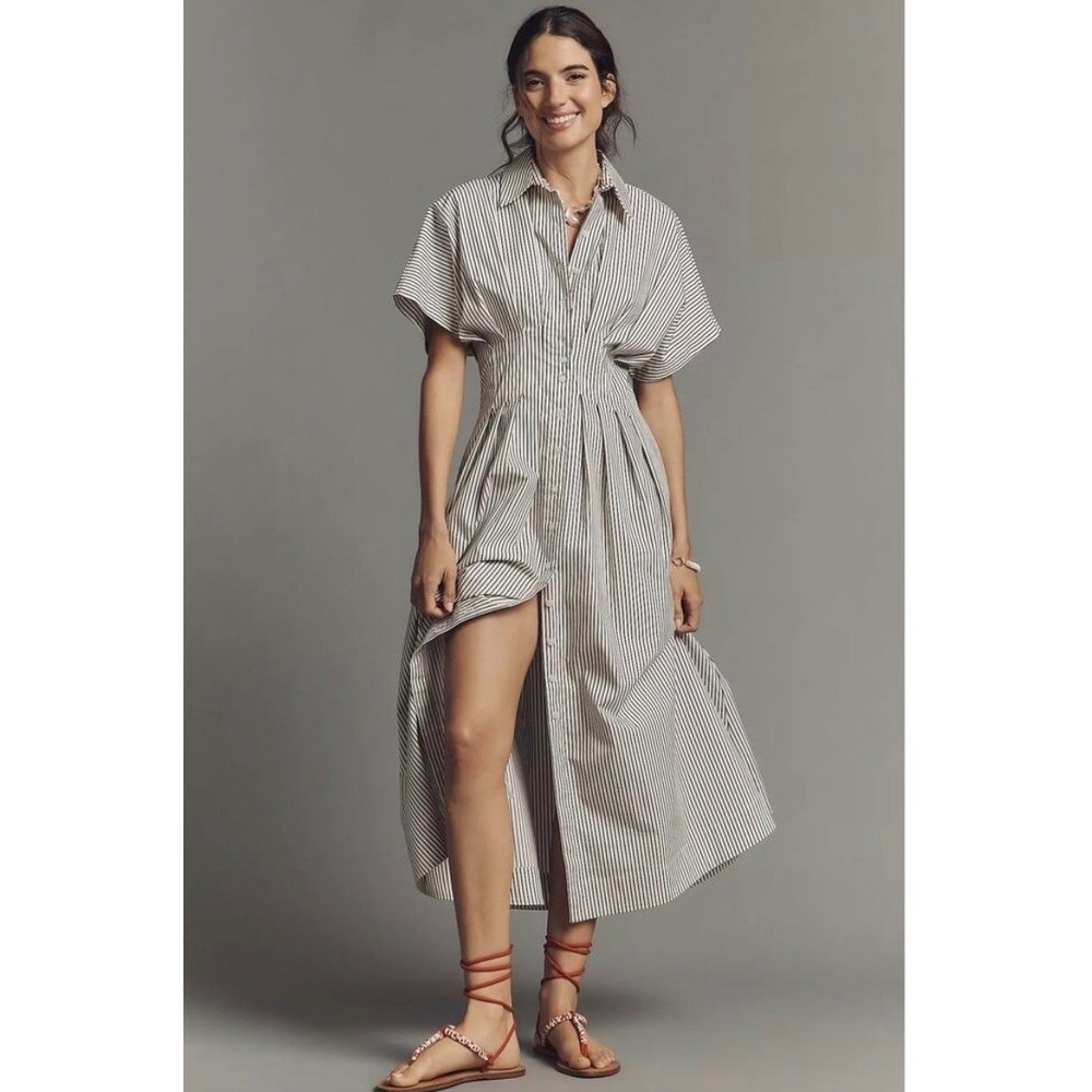 Anthropologie Exquise The Tobie Button Front Pleated Shirt Dress Medium Striped